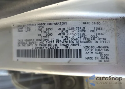 2000 Toyota 4Runner Sr5 z USA, uszkodzony, nr VIN JT3HN86R7Y0322434